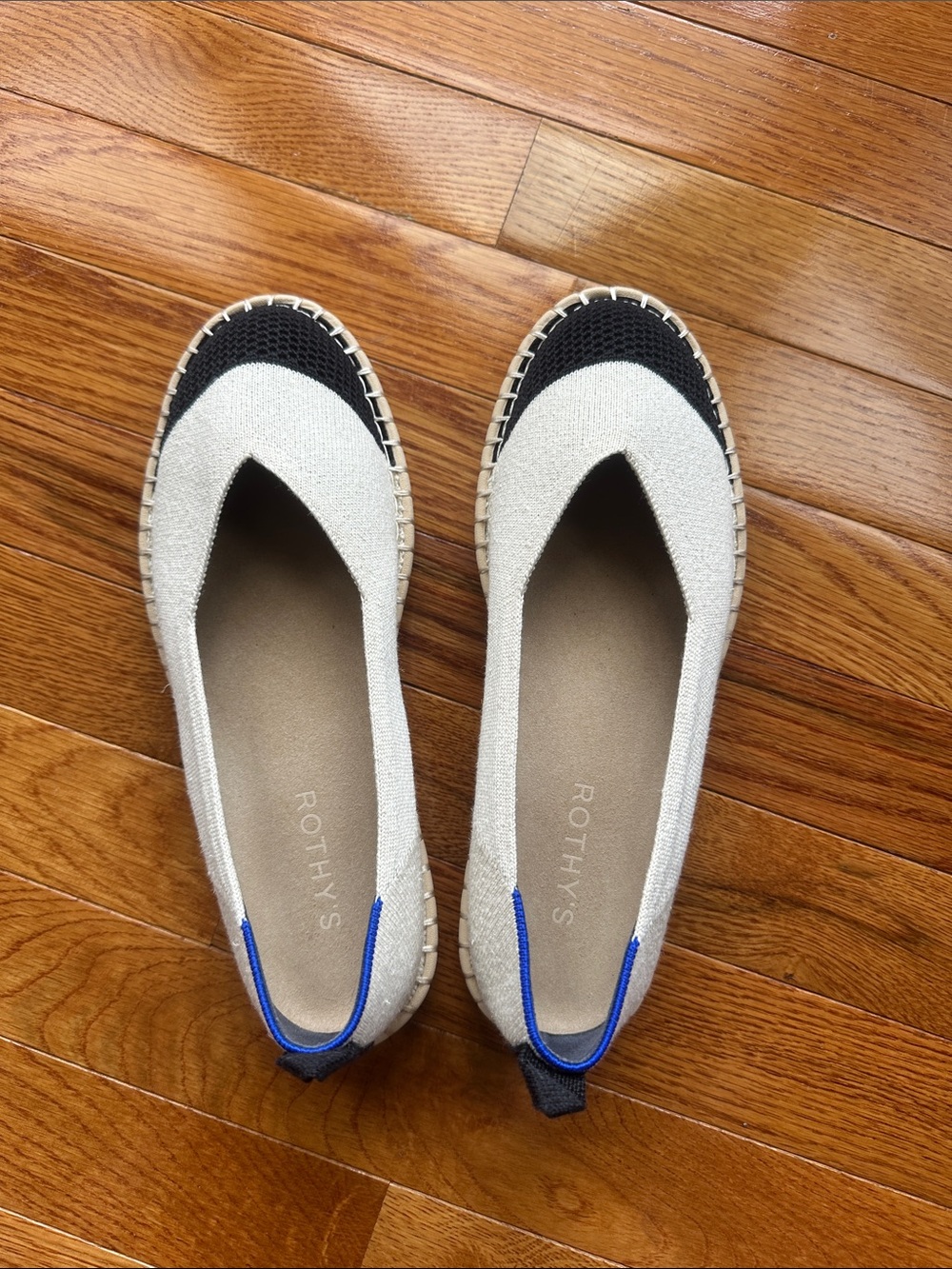Rothy's Two-Tone Knit Espadrille Flats in Cream and Black with Blue Heel Tab
